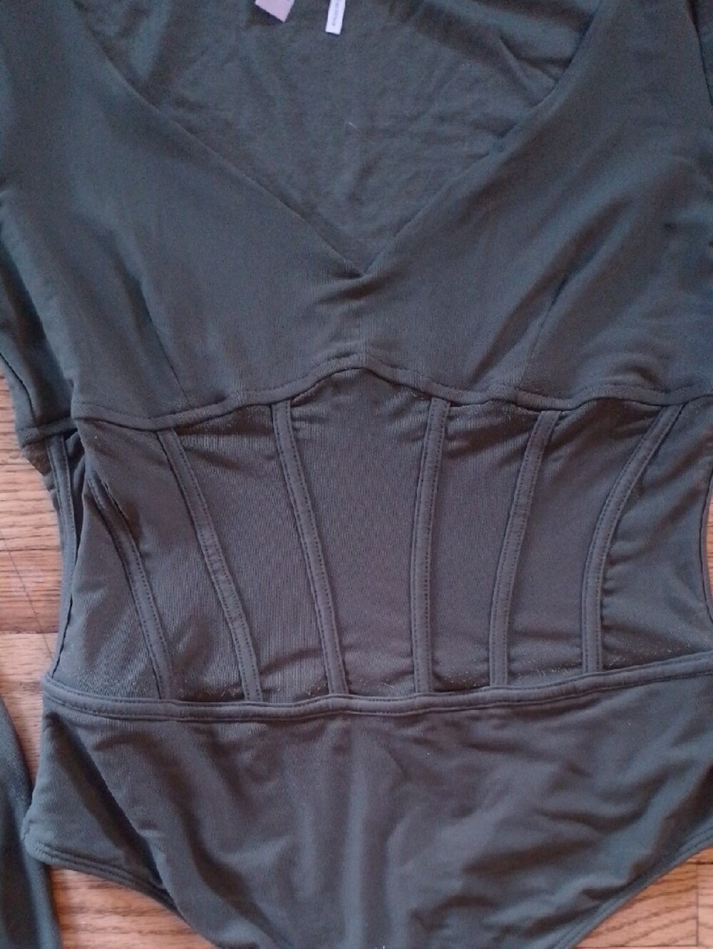 Out From Under Long Sleeve Olive Green Ribbed Corset Bodysuit - Picture 3 of 6